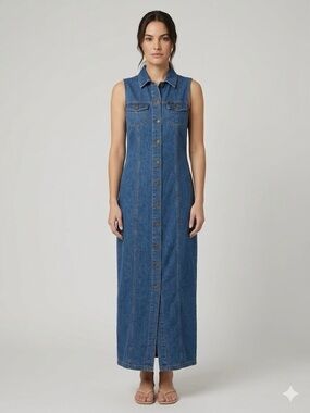 Vintage Denim Midi Button-Down Dress | Sleeveless Jean Dress